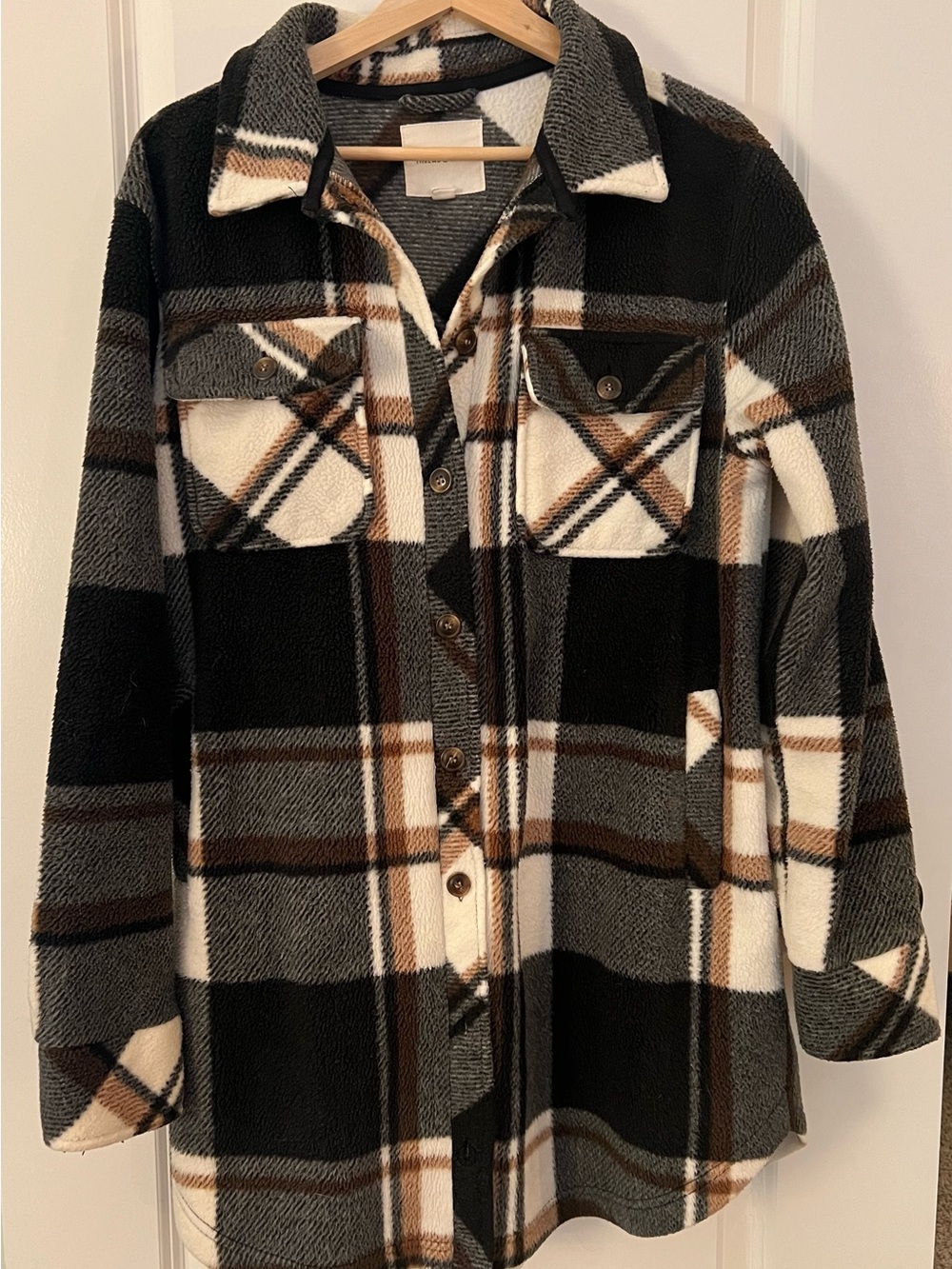 Thread & Supply Black, Brown & Cream Plaid Teddy Shacket